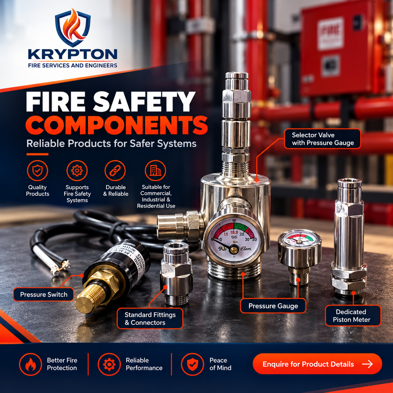Krypton product collection featuring pressure switch, fittings, gauges and piston meter